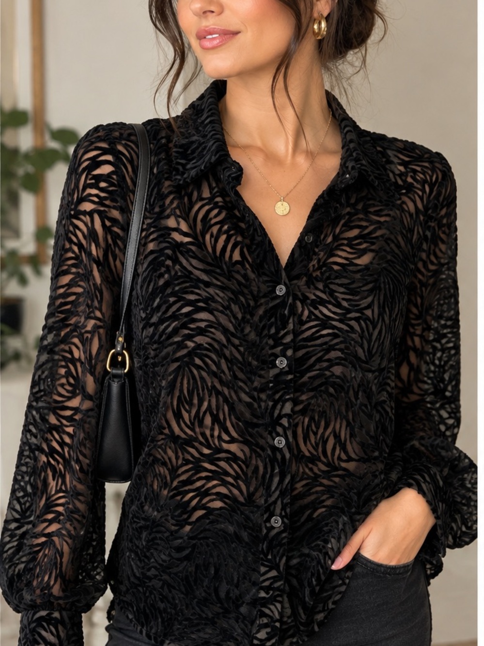 Casual Corner Black Velvet feel Sheer Silk And Rayon Button-Down Elegant Blouse